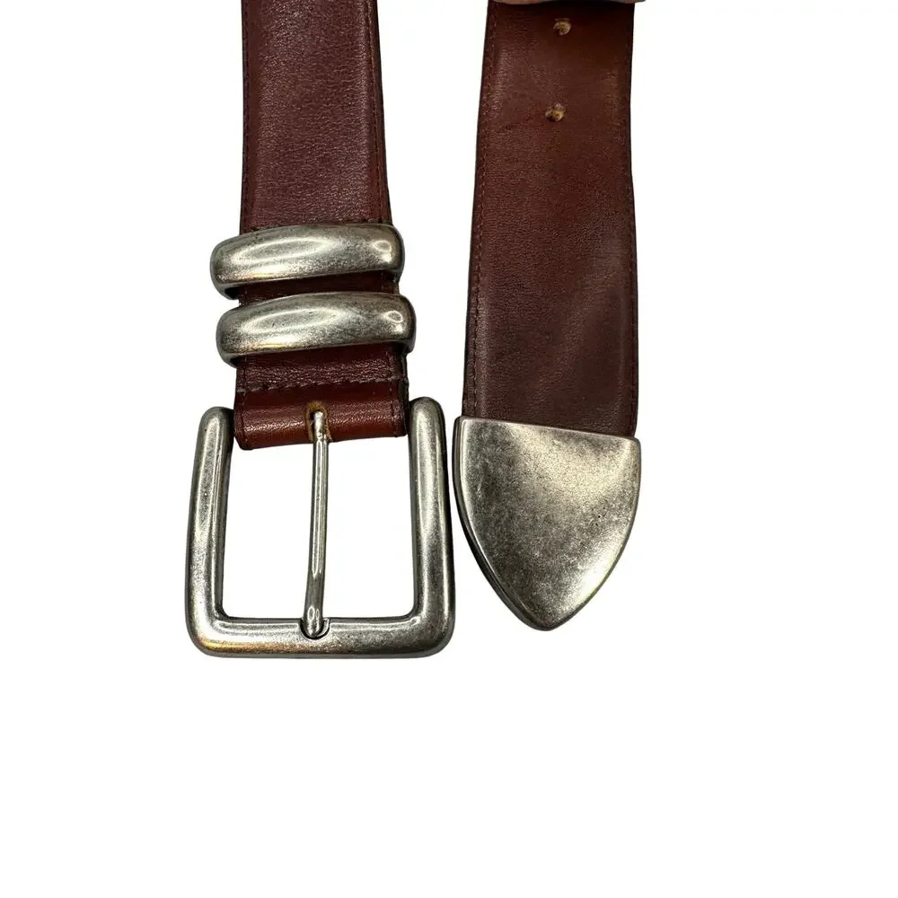 Leather Belt Silver Buckle Western Strap Brown Vintage